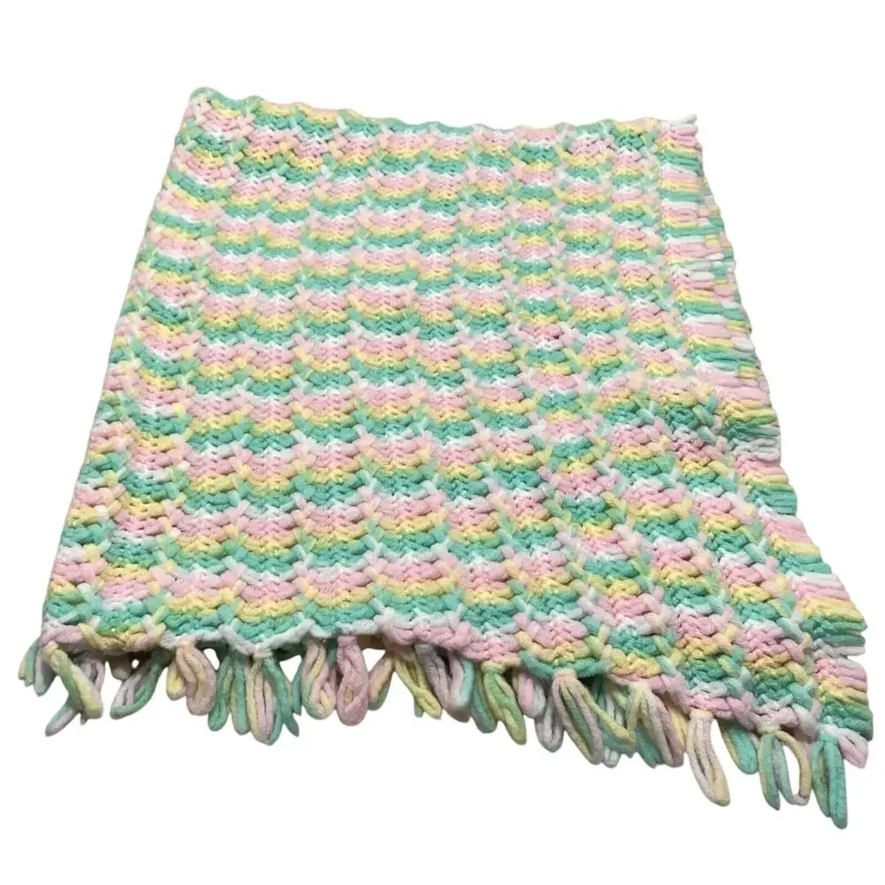 Handmade Crochet Baby Blanket Afghan Nursery Pastel Pink Green 40x36